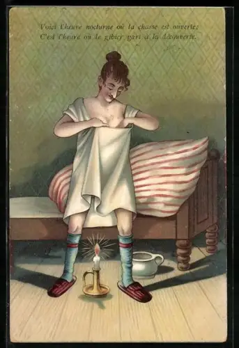 Künstler-AK Frau im Nachthemd steht über eine Kerze und schaut sich ins Kleid