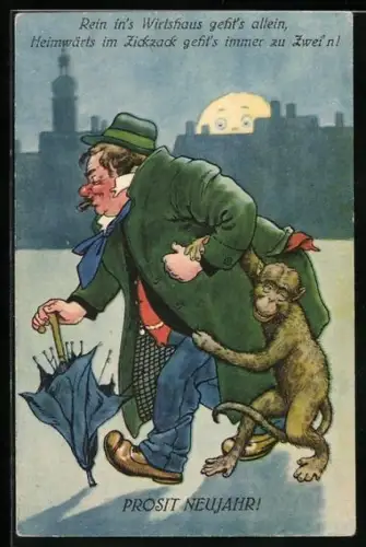 Künstler-AK Betrunkener Mann mit einem Affen auf dem Weg nach Hause
