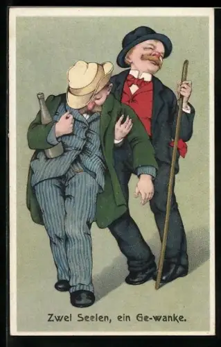 Künstler-AK Zwei betrunkene Männer laufen zusammen, Zwei Seelen, ein Ge-wanke