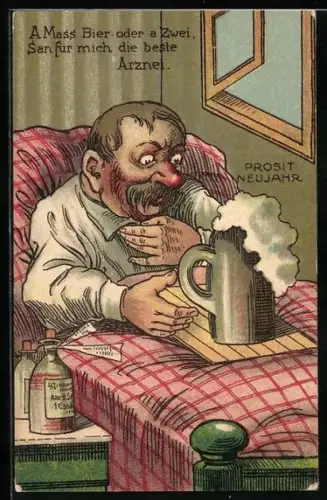 Künstler-AK Mann sitzt mit einem Bierkrug auf dem Schoss im Bett