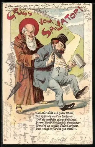 Lithographie Betrunkener wird vom Salvator geleitet
