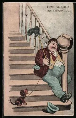 Künstler-AK Betrunkener Mann sitzt mit seinem Hund am Fusse der Treppe