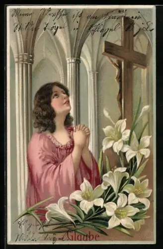 Künstler-AK Allegorie, Glaube, junge Frau betet am Kreuz