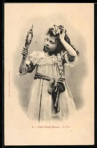 AK Allegorie, Les Cinq Sens 5, Das Sehen, Mädchen mit Spiegel