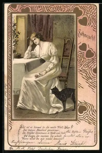 Lithographie Dame im weissen Kleid voller Sehnsucht mit einer Rose, Behüt Dich Gott!