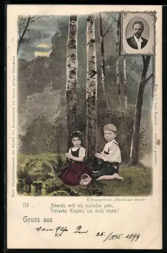 Künstler-AK Hänsel und Gretel suchen einen Schlafplatz im Wald, Portrait Komponist Engelbert Humperdinck