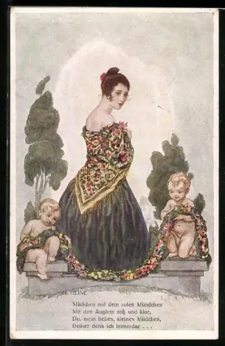 Künstler-AK Gedicht von Heinrich Heine, Elegante Dame in einem Garten