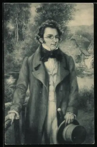 Künstler-AK Schubert im Garten vor einer Mühle