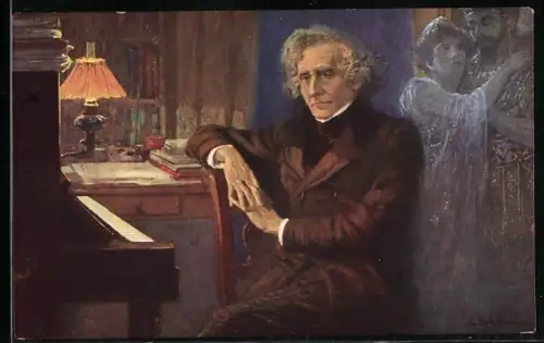 Künstler-AK Komponist Hector Berlioz auf einem Stuhl am Klavier