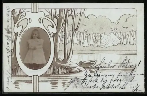 Foto-AK Porträt eines Mädchens im Passepartout mit See-Idyll
