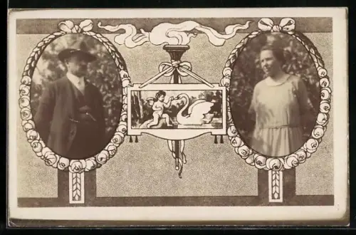 Foto-AK Mann und Frau in Passepartouts aus Rosen