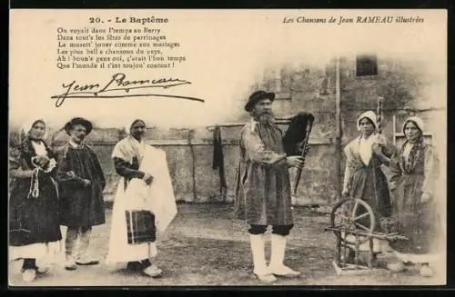 AK Mann mit Dudelsack, Frauen mit Spinnrad