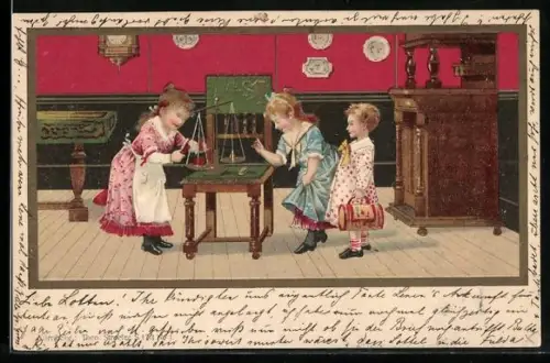 Lithographie Kinder spielen mit einer Waage