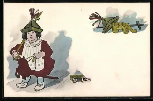Künstler-AK Kind mit Spielzeug-Kanonen und Steckenpferd