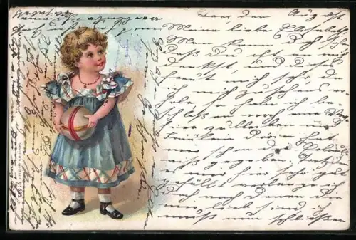 Lithographie Kleinkind in blauem Kleid mit Ball