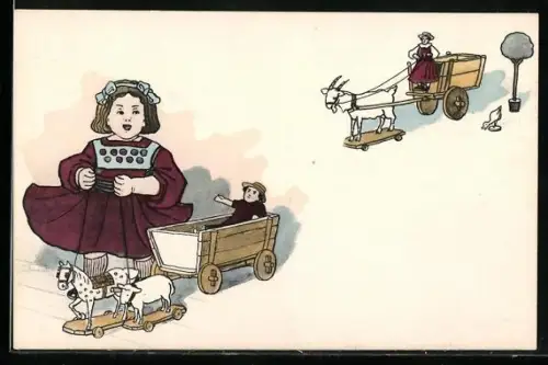 Lithographie Kleinkind mit Ziegenkarren-Spielzeug