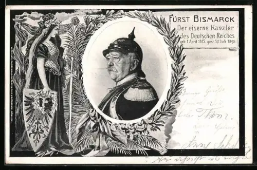 AK Fürst Bismarck mit Pickelhaube, Germania mit Schild und Schwert