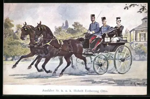 Künstler-Lithographie Ausfahrt Seiner Hoheit Erzherzog Otto, Pferdekutsche