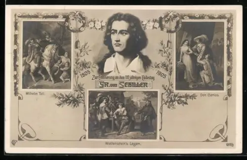 AK Erinnerung zum 100. Todestag Schillers am 9. Mai 1905, Szenen aus Wilhelm Tell und Don Carlos