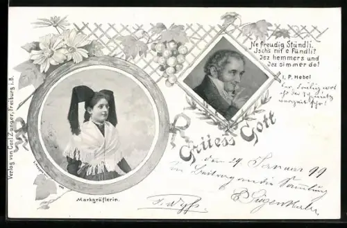 AK I. P. Hebel im Porträt, Markgräflerin in Tracht
