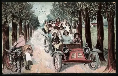 AK Kinder im Auto mit Esel auf einer Landstrasse