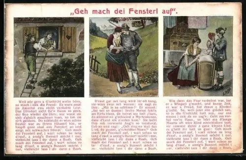 Künstler-AK Mann klettert durch das Fenster zu einer Frau, Geschichte Geh mach dei Fensterl auf