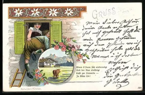 Lithographie Frau zieht einen Mann von der Leider durch ihr Fenster