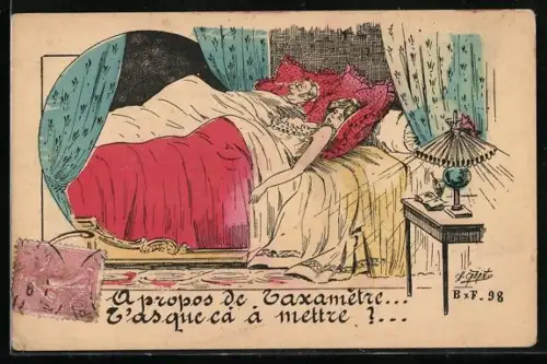 Künstler-AK Dame liegt mit entblösster Brust neben ihrem Mann im Bett