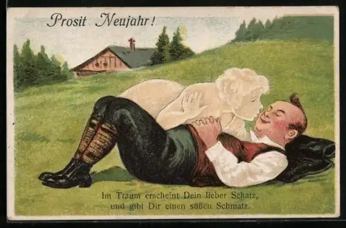 Künstler-AK Mann liegt auf einer Wiese und träumt von einer Frau