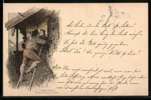 Lithographie Paar küsst sich an einem Fenster