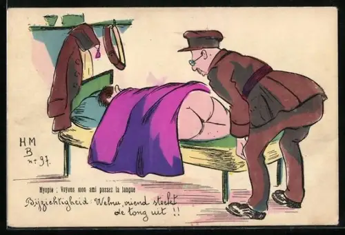 AK Mann betrachtet den Hintern einer schlafenden Person, Myopie, Voyons mon ami passez la langue