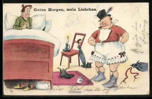 Künstler-AK Mann mit Hut steht neben dem Bett in den Höschen seiner Frau