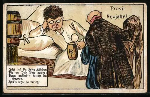 AK Verkatertem Mann wird ein Krug Bier an sein Bett gebracht