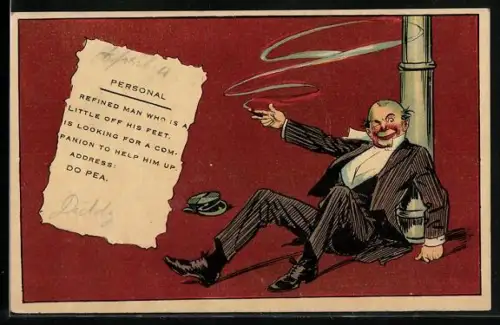 Künstler-AK Betrunkener Mann sitzt auf dem Boden an einem Laternenmast