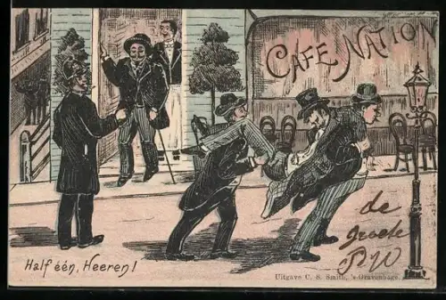 Lithographie Betrunkene Männer kommen aus dem Cafe Nation