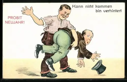 Künstler-AK Mann wird von einem anderen Mann versolt, Kann nicht kommen bin verhintert