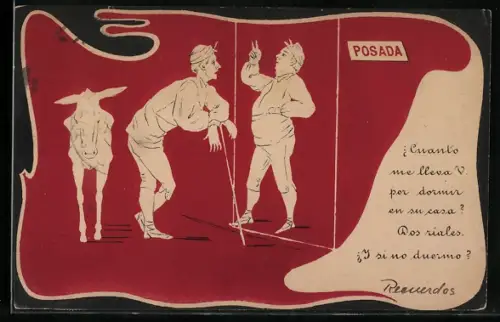 Lithographie Zwei Männer unterhalten sich neben einem Esel, Posada