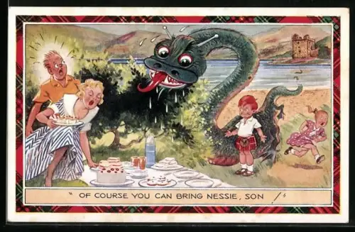 Künstler-AK Junge bringt Nessie zum Picknick mit seinen Eltern, Of course you can bring Nessie, son