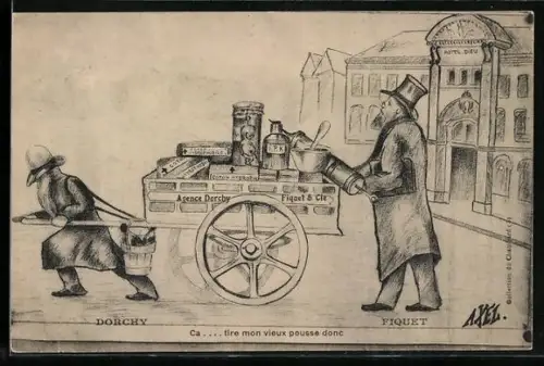 Künstler-AK Mann zieht einen schweren Karren hinter sich her