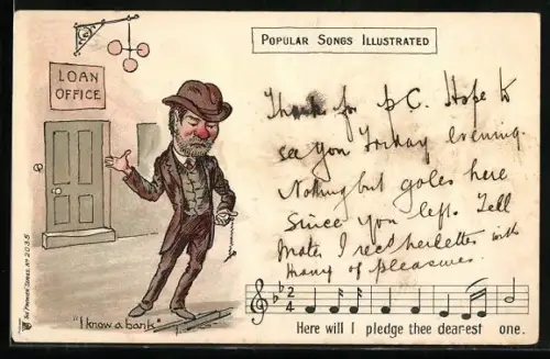 Künstler-AK Mann mit Taschenuhr, Lied I know a bank