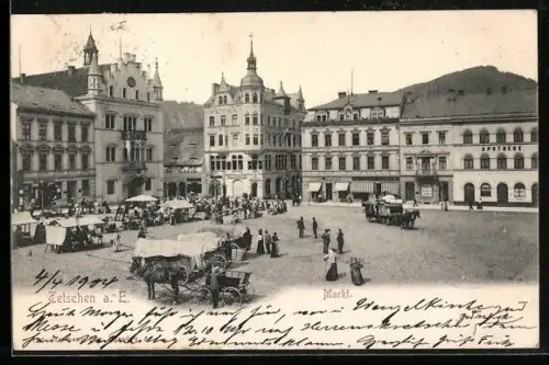 AK Tetschen a. E., Markt mit Apotheke