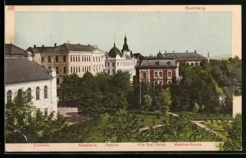 AK Rumburg / Rumburk, Ortspartie mit Turnhalle, Fachschule, Postamt, Villa Rud. Pfeifer, Mädchen-Schule