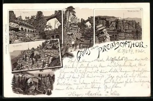 Lithographie Prebischthor, Hotel, Ansichten des Thores