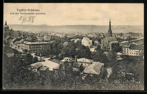 AK Teplitz-Schönau, Teilansicht mit Kirche von der Stefanshöhe gesehen