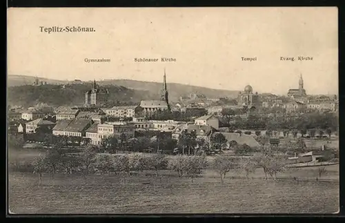 AK Teplitz-Schönau, Teilansicht mit Gymnasium, Schönauer Kirche, Tempel und Evangelische Kirche