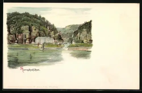Lithographie Herrnskretschen, Panorama mit Dampfer