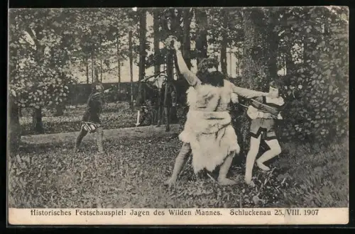 AK Schluckenau / Sluknov, Historisches Festschauspiel: Jagen des Wilden Mannes 1907