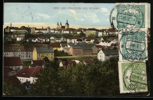 AK Saaz, Teilansicht vom Stadtpark aus gesehen