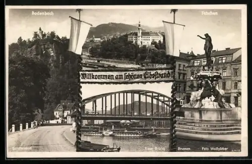 AK Tetschen-Bodenbach, Elbestrand, Schäferwand, Schloss, Brunnen