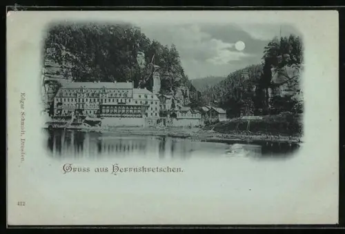 Mondschein-AK Herrnskretschen, Uferpartie